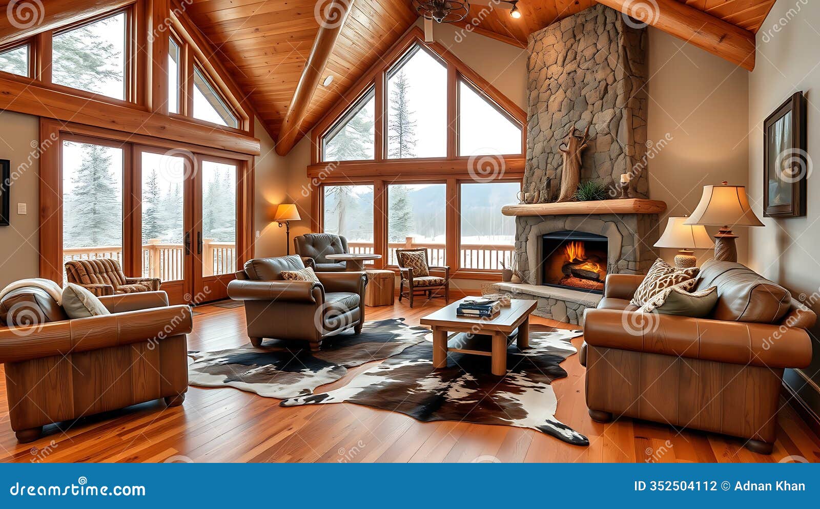 a mountain lodge with log furniture animal hide rugs and stone fireplaces