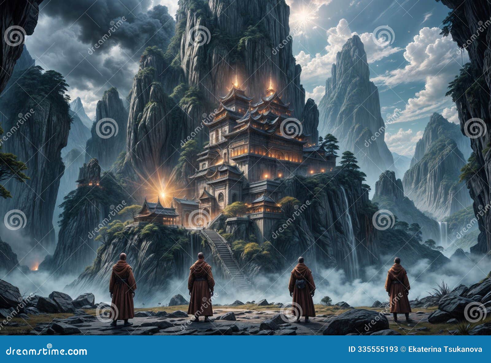 the mountain monastery, hidden among the majestic peaks, rises above the clouds, like an ancient sanctuary