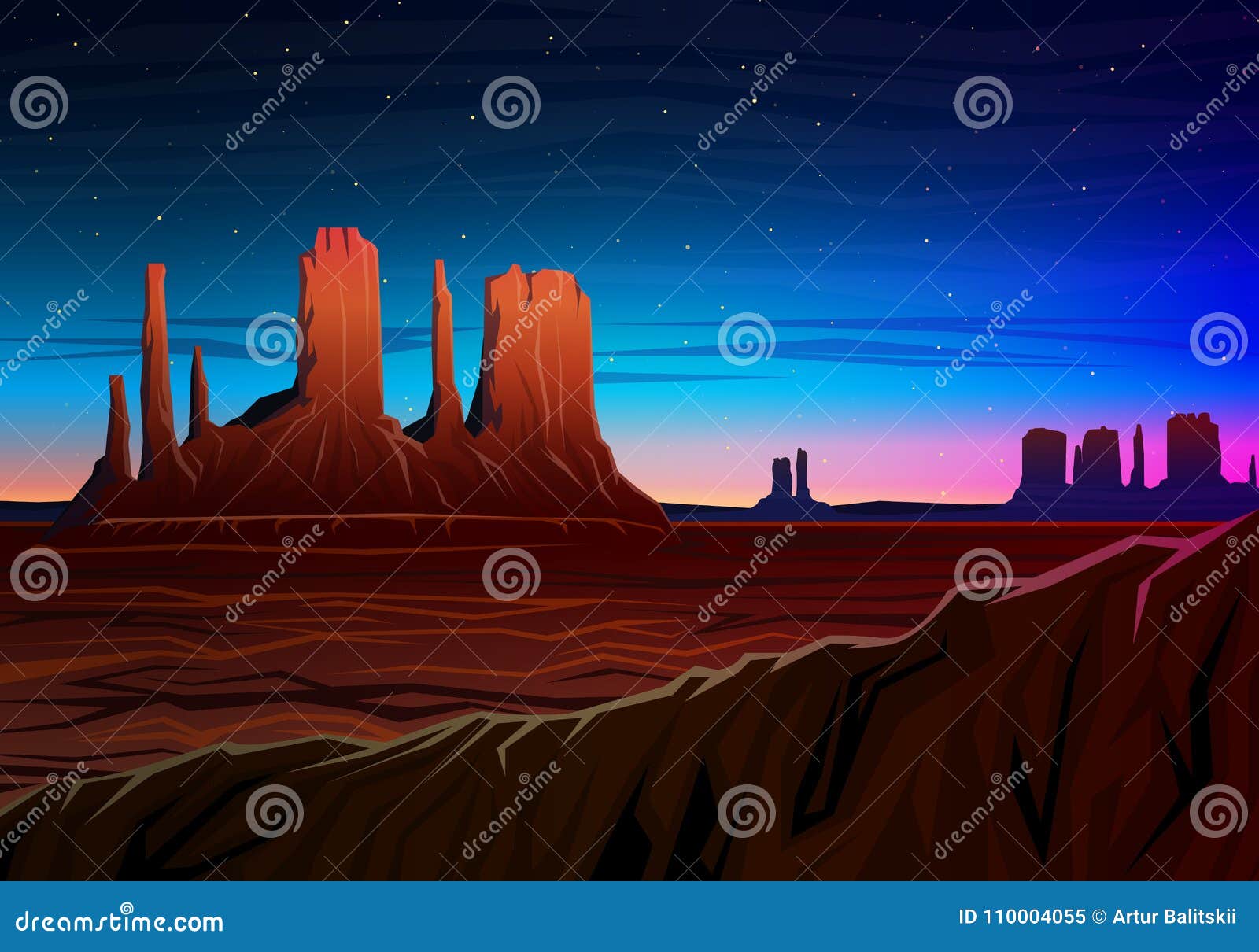 mountain and monument valley, night panoramic view, peaks, landscape early in daylight. travel or camping, climbing