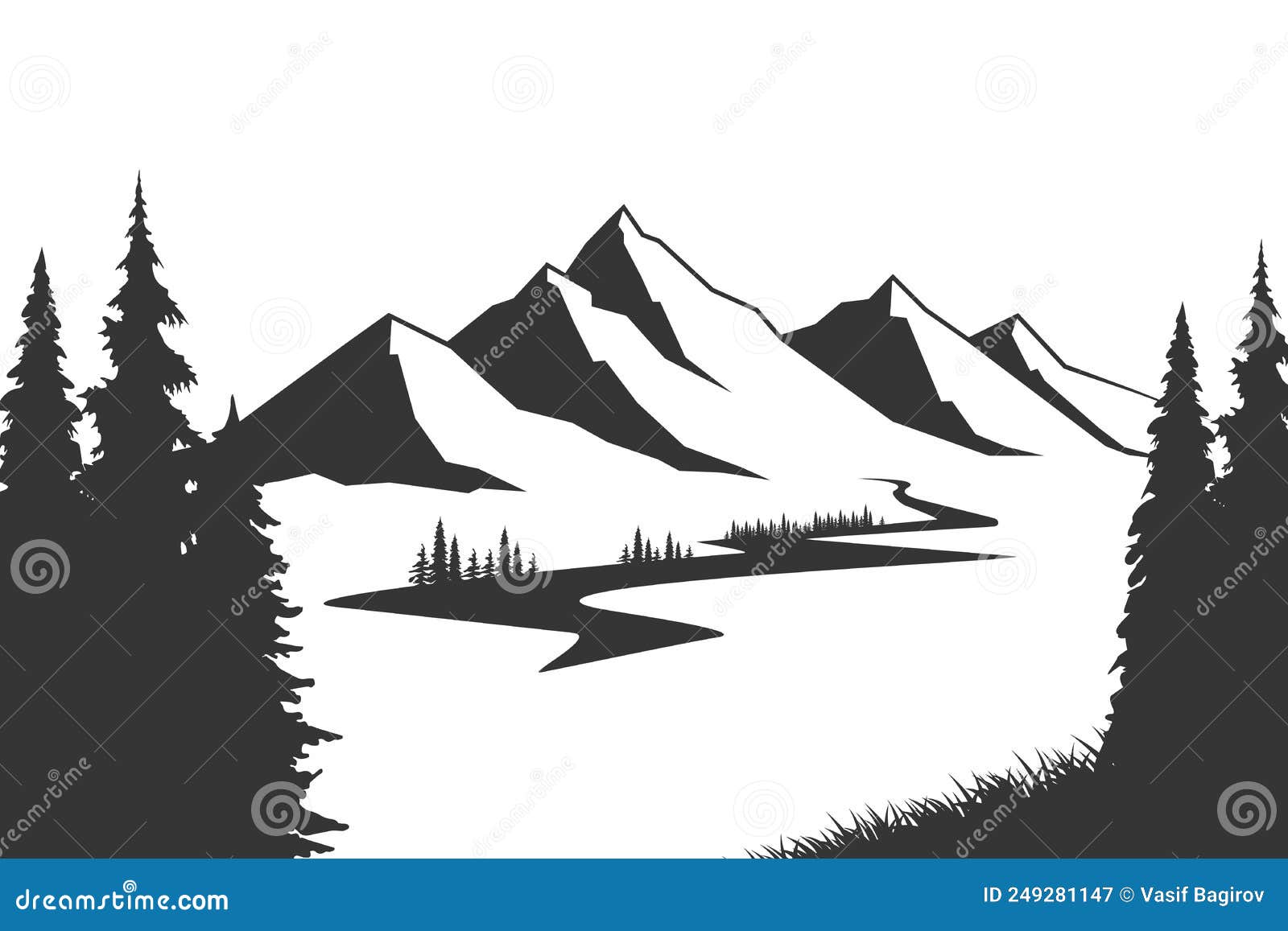 Mountain with Pine Trees and Landscape Black on White Background ...