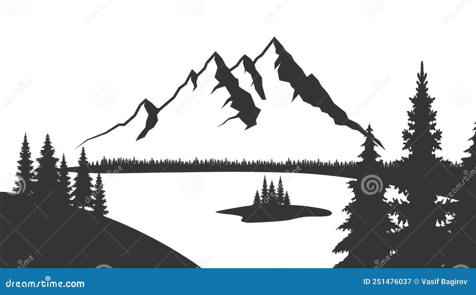 Mountain with Pine Trees and Landscape Black on White Background ...
