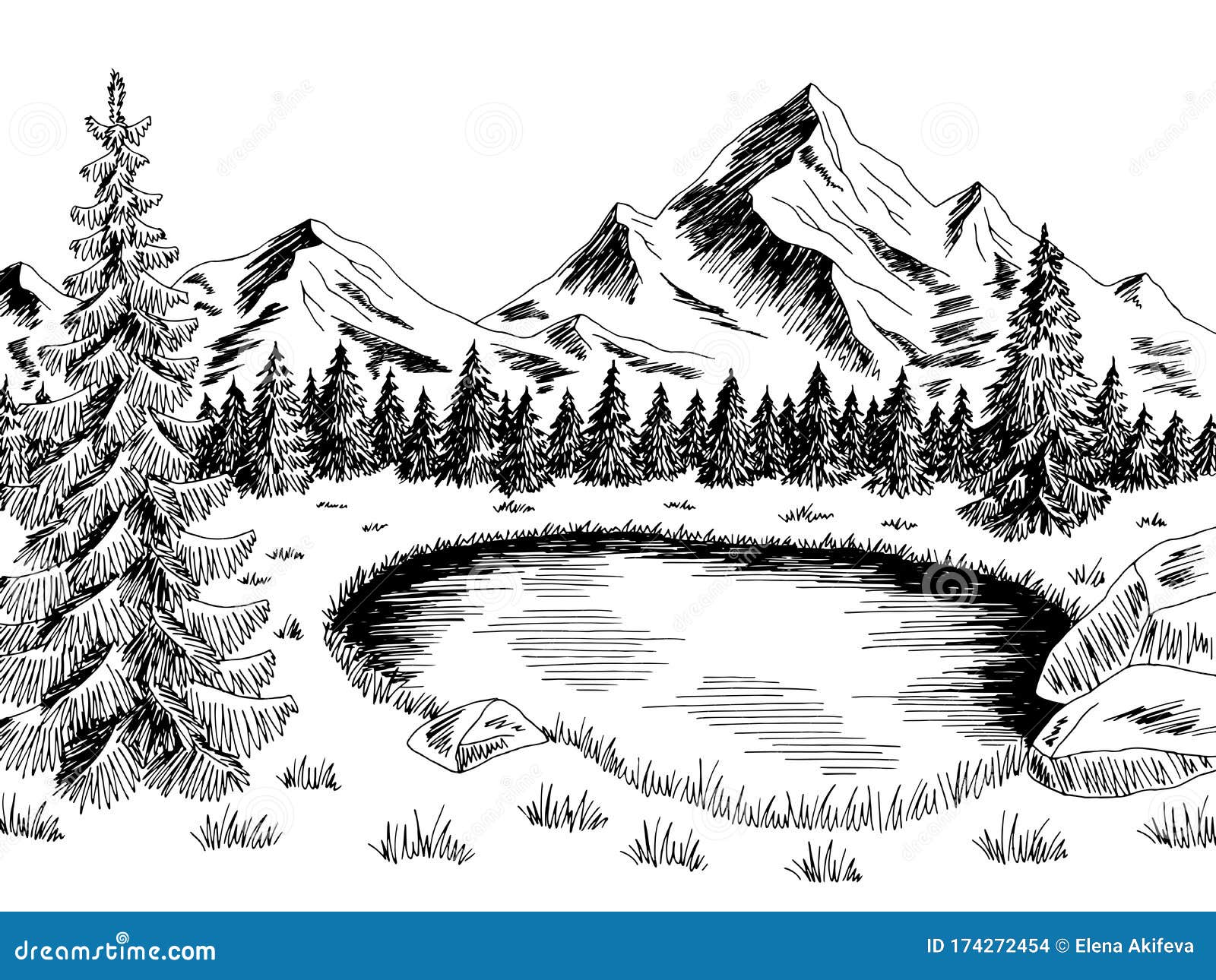 Mountain Pond Graphic Black White Landscape Sketch Illustration Vector