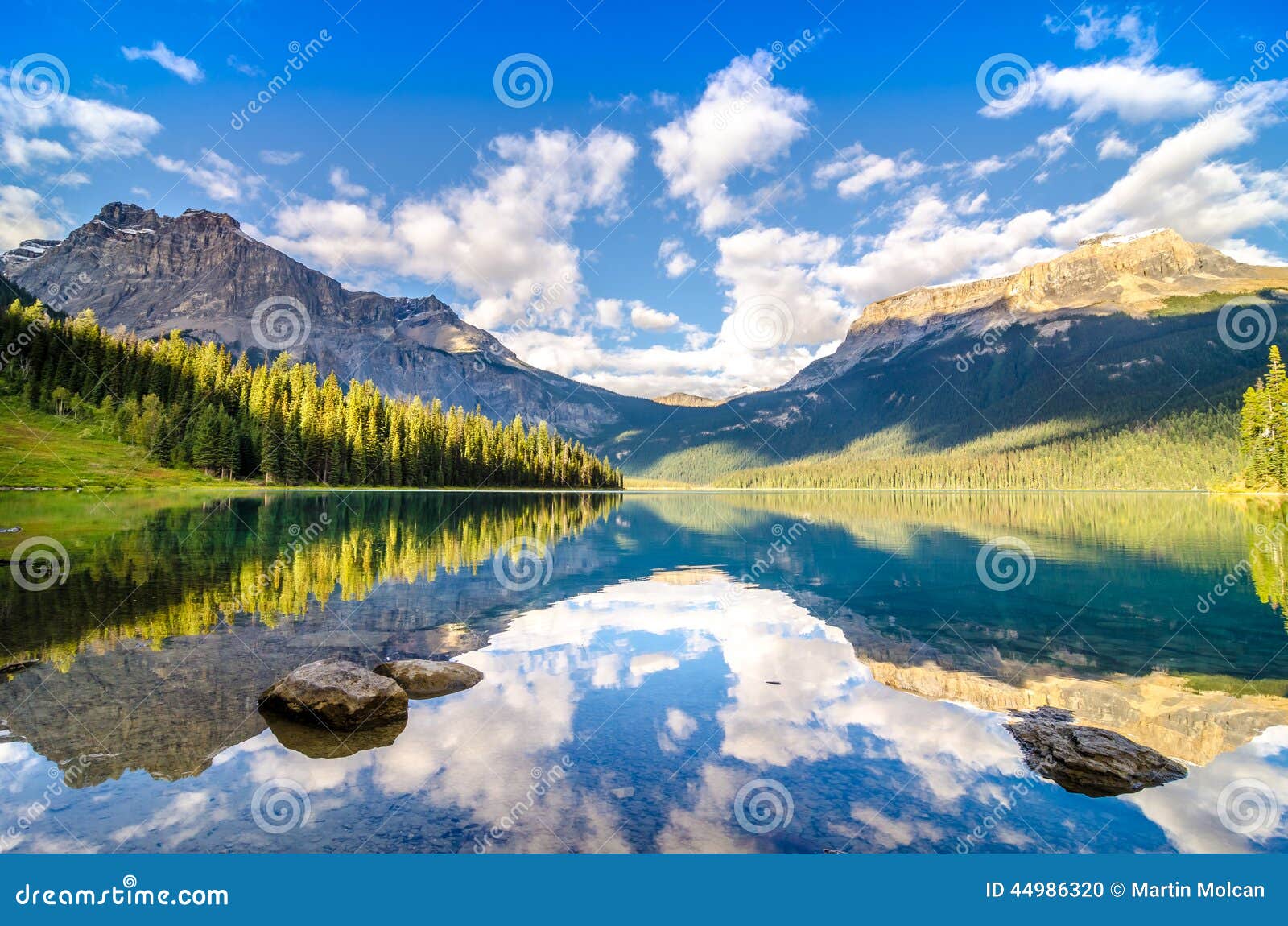 mountain range and water reflection, emerald lake, rocky mountains