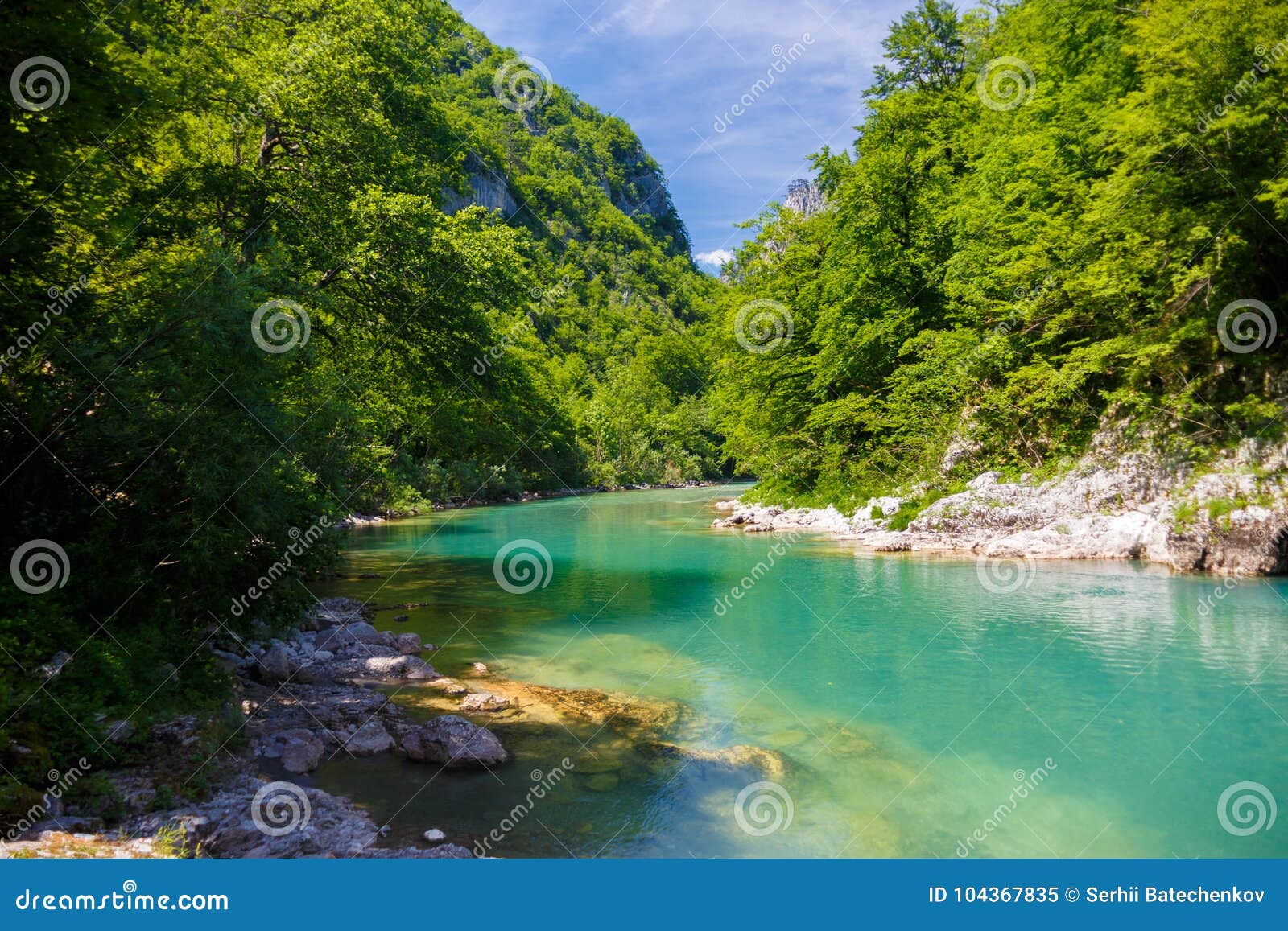 Mountain River With Crystal Clear Water Among The Green Mountains Stock