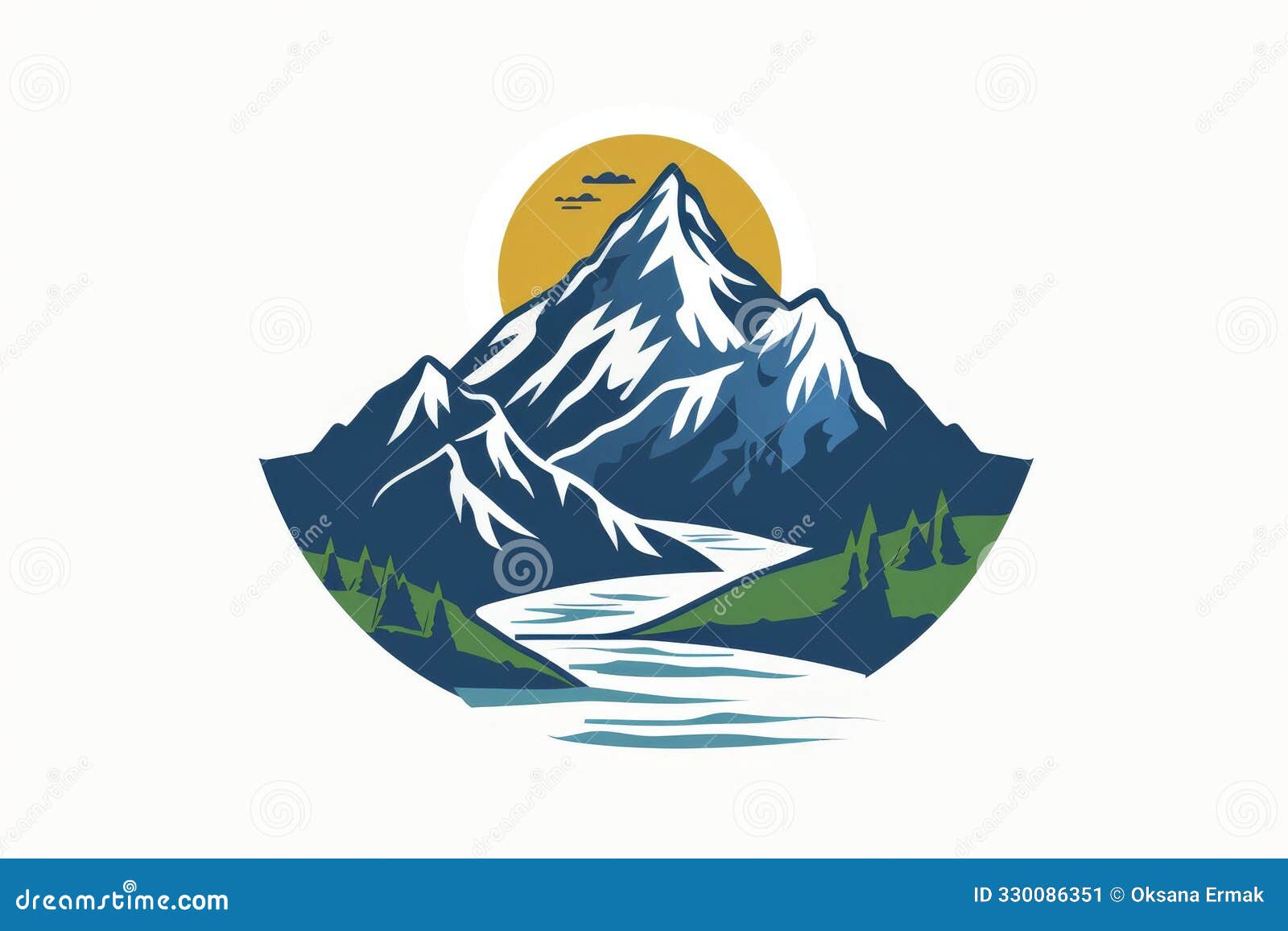 mountain and river landscape icon, adventure travel logo template on white background, sunrise, sunset