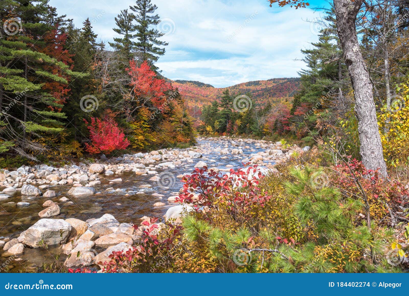mountain river lined with colourf trees on a partly cloudy autumn day