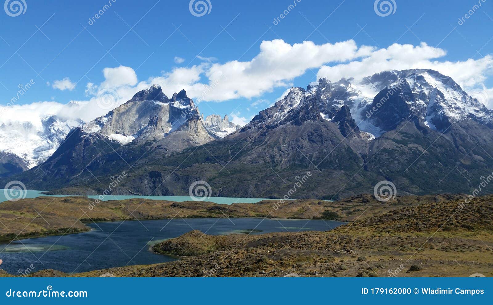 Mountain River Sea Ocean Blue Sky Clouds Patagonia Stock Photo - Image ...