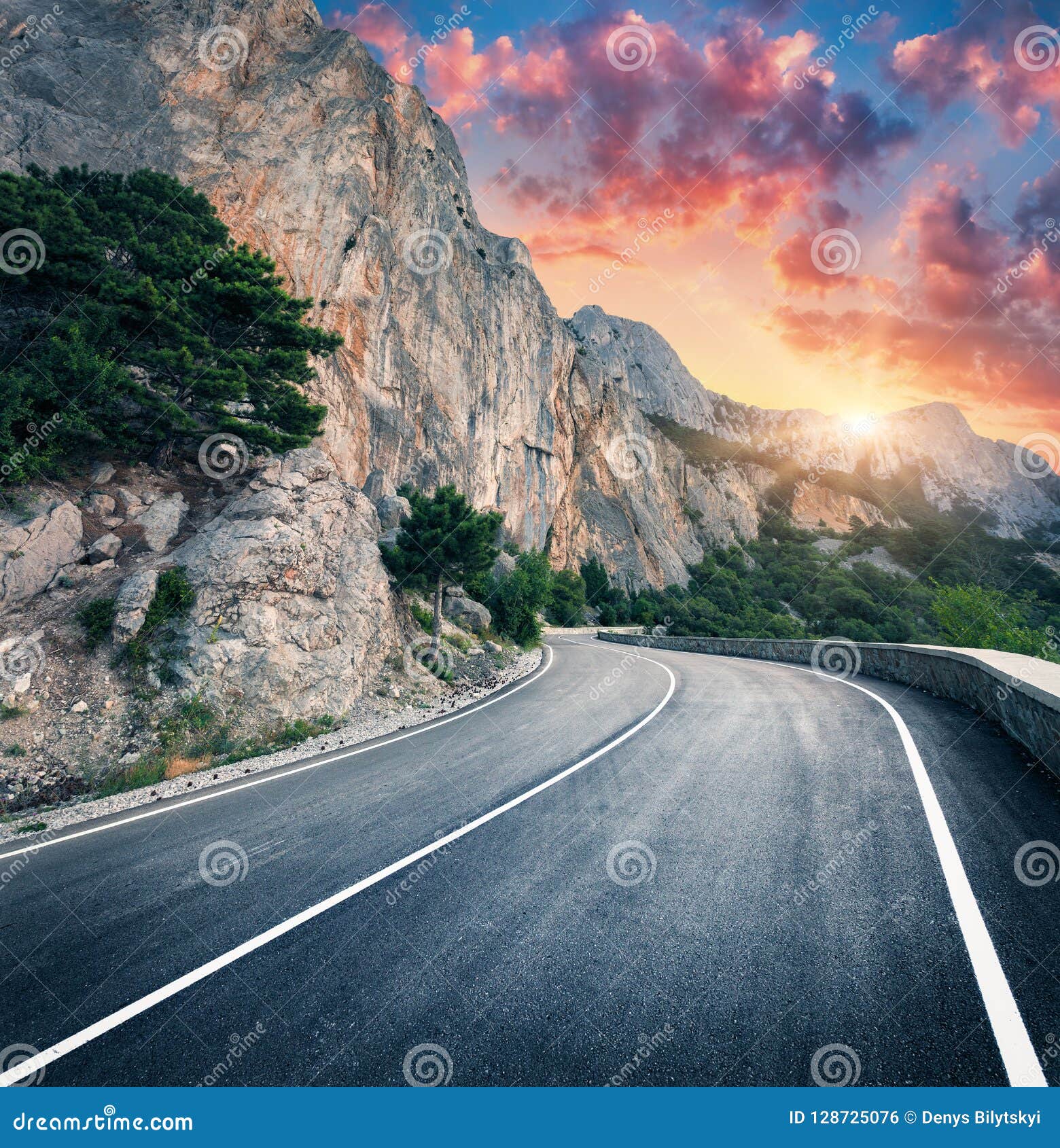 Mountain Road And Beautiful Sky At Sunset Colorful Landscape Stock