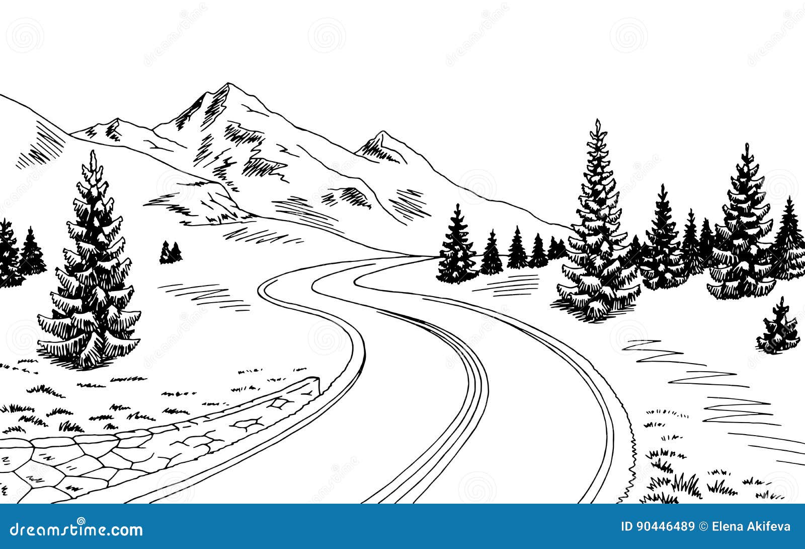 Mountain Road Graphic Black White Landscape Sketch Illustration Stock ...