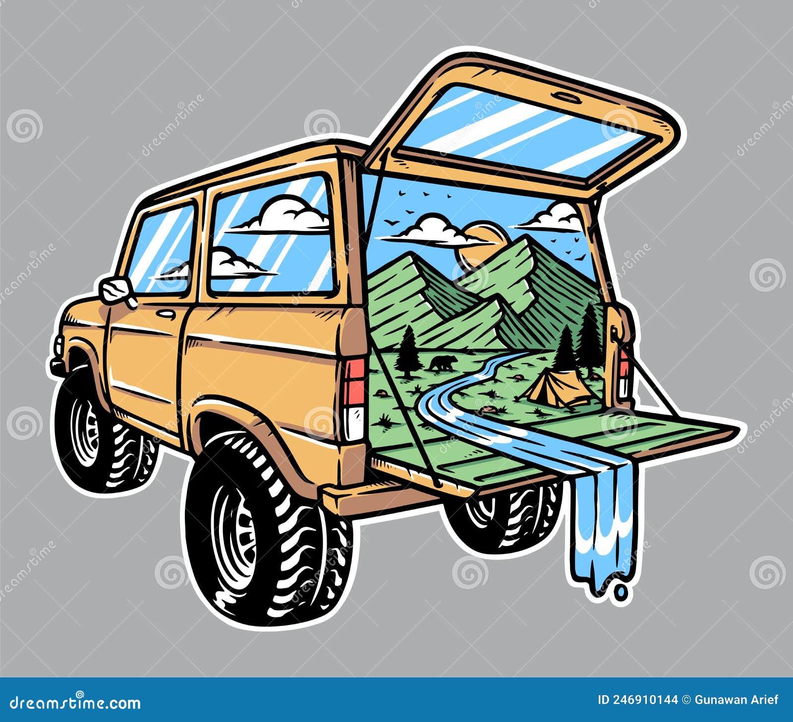 Mountain view in the car stock vector. Illustration of tent 246910144