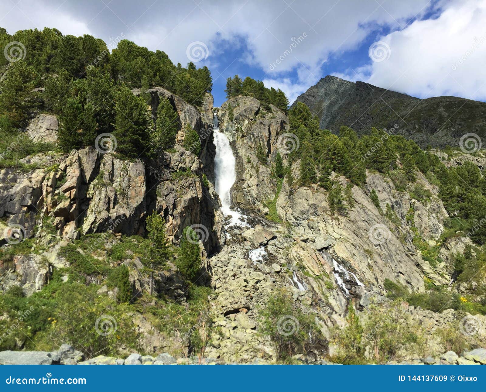Mountain Waterfall Among The Rocks Altai Mountains Siberia Russia