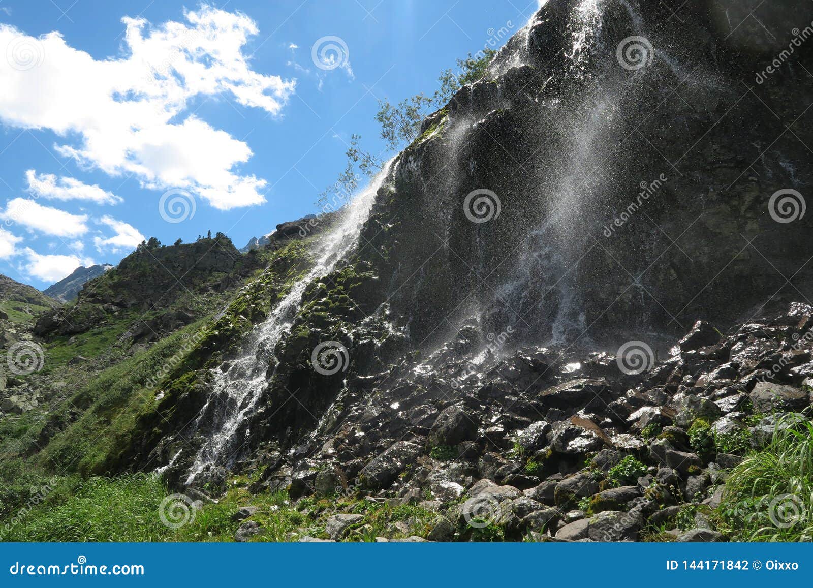 Mountain Waterfall In Sunny Day Altai Mountains Siberia Russia Stock