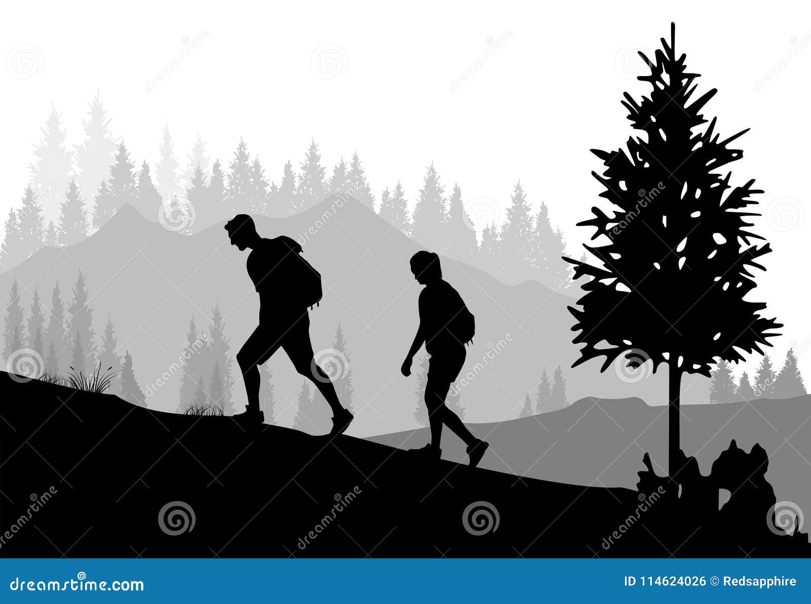 mountaineering. silhouettes of people climbing and hiking on forest background