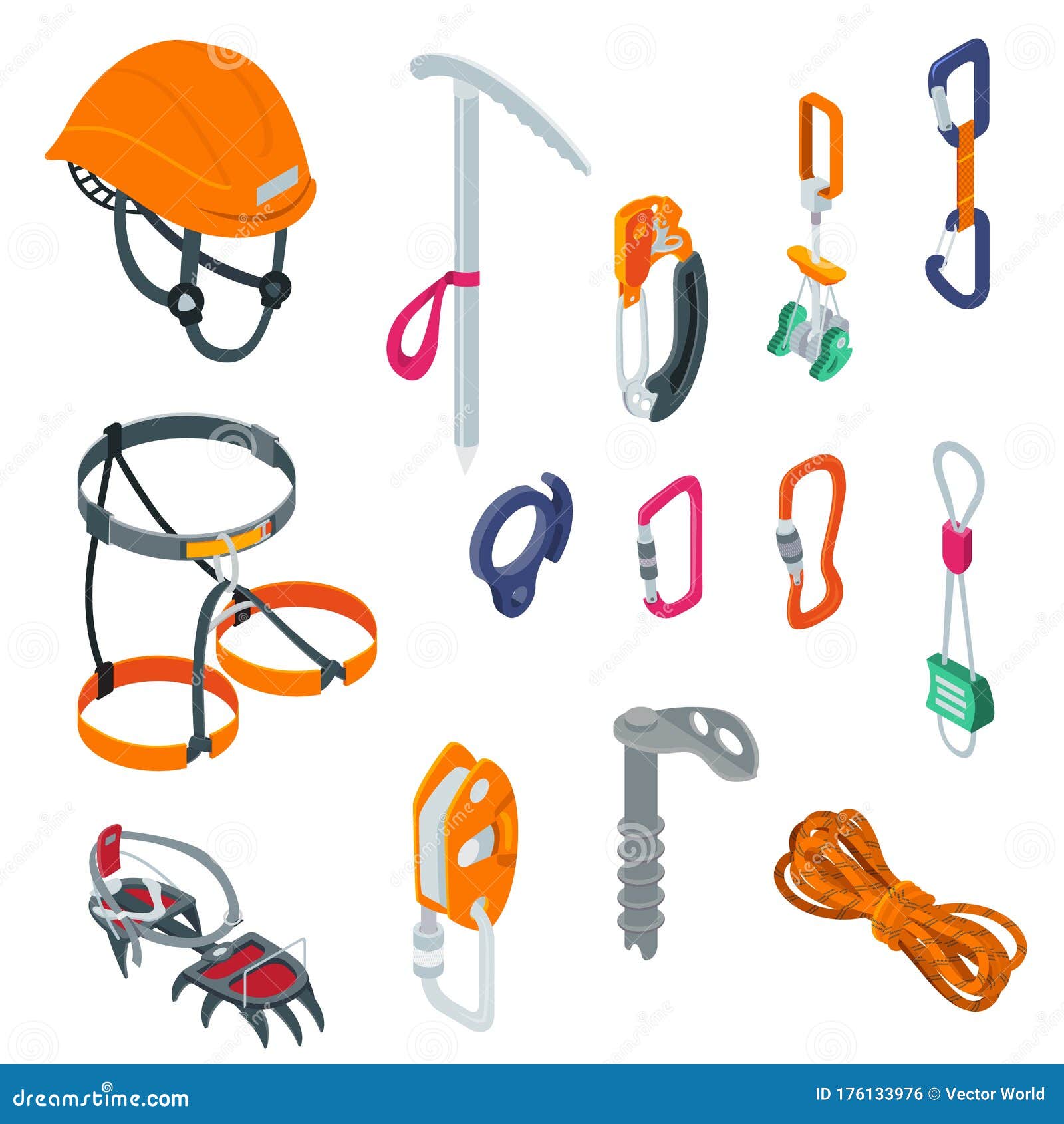 mountaineering sport climbing equipment on alpinism extreme isometric    on white.
