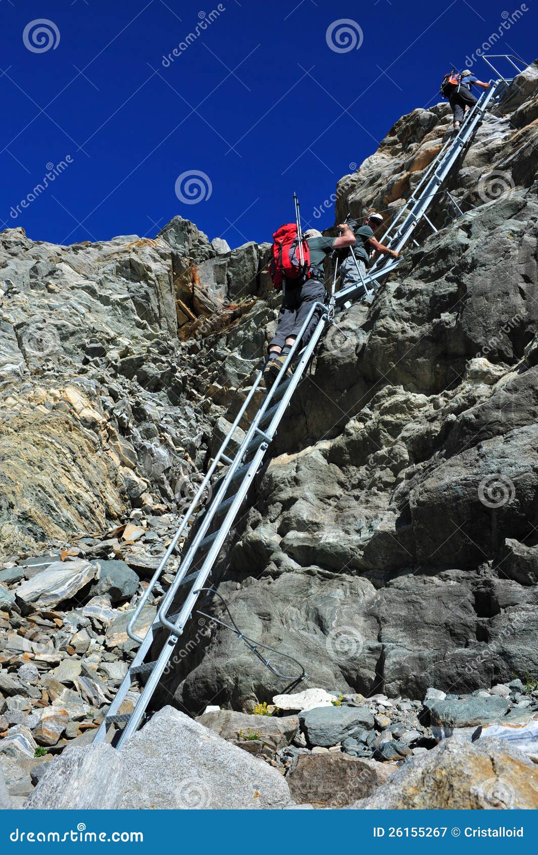 Mountaineers Climbing Down a Steep Ladder Editorial Photography Image