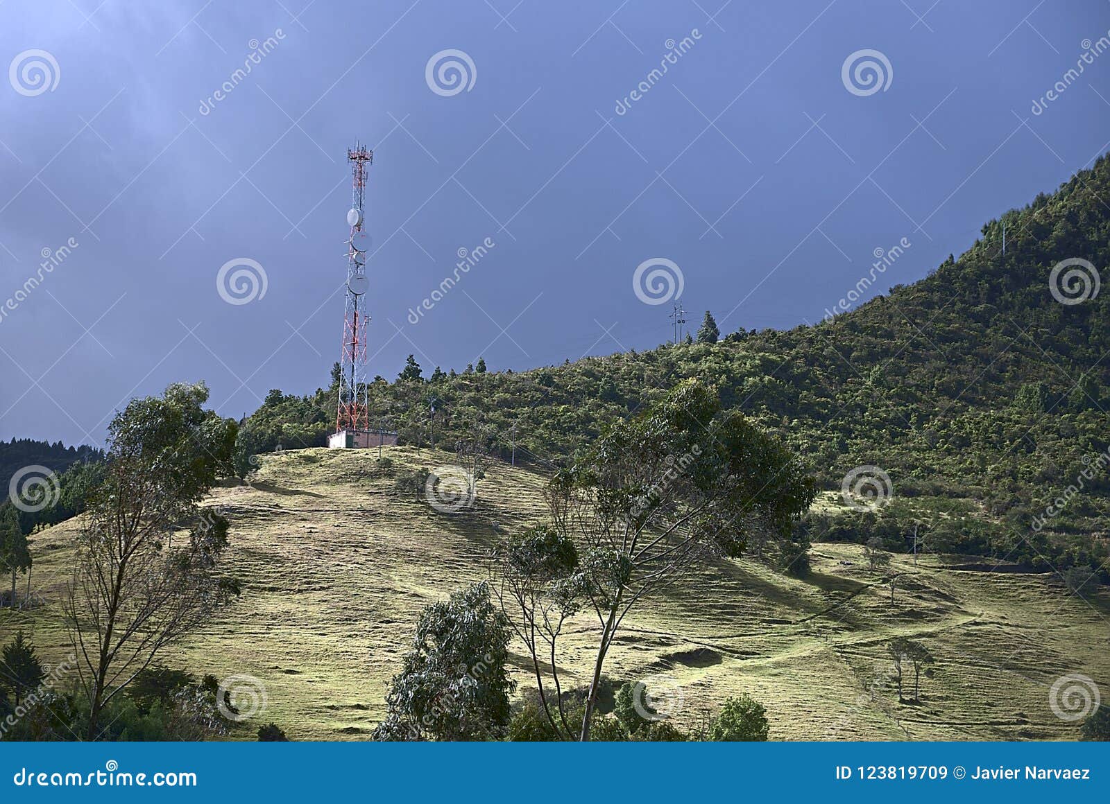 Mountainous Landscape with a Communication Antenna in the Chasm of a
