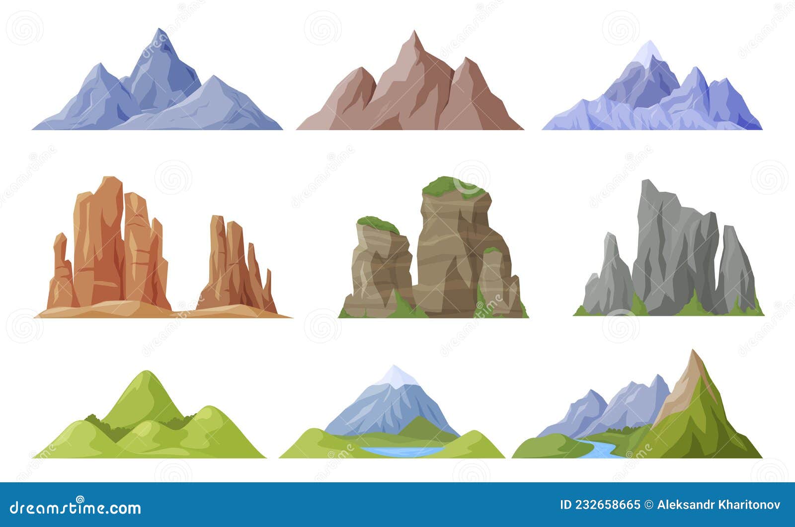 Mountains and Hills Set Vector Illustration. Natural Snowy Cliff ...