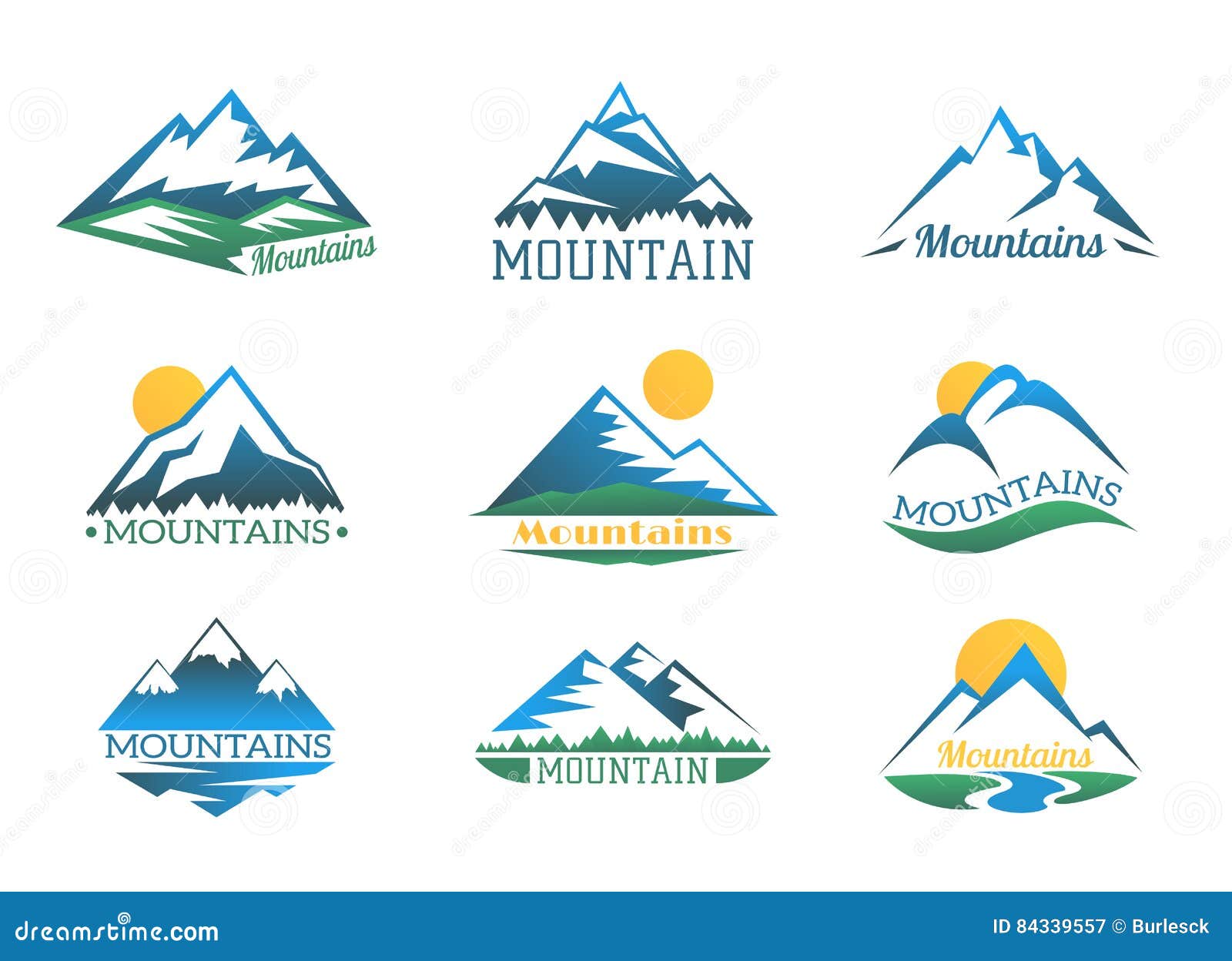 Mountains Logo Set. Mountain Peak Landscape with Snow Cover Emblems ...