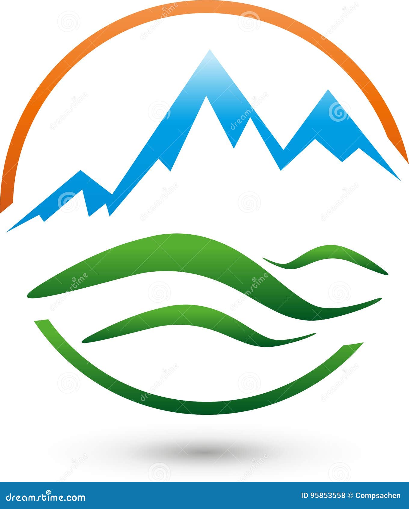 mountains, meadow and sun, turism and sports logo