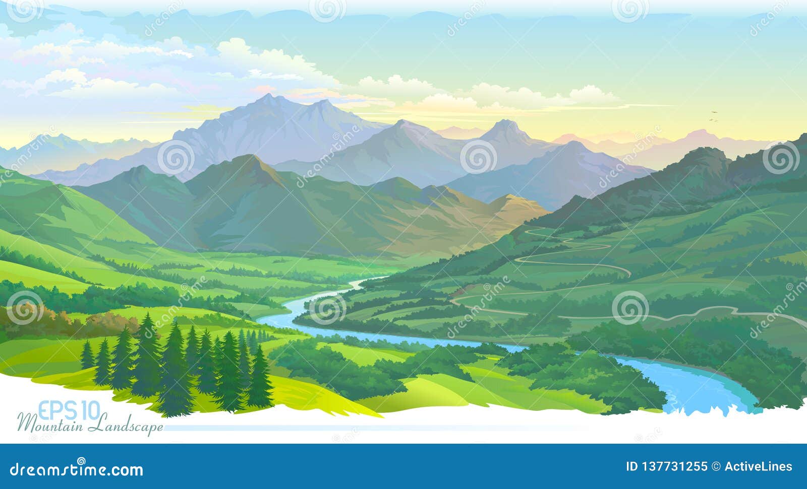 the mountains, the meadows, the green landscape and the river.  image.