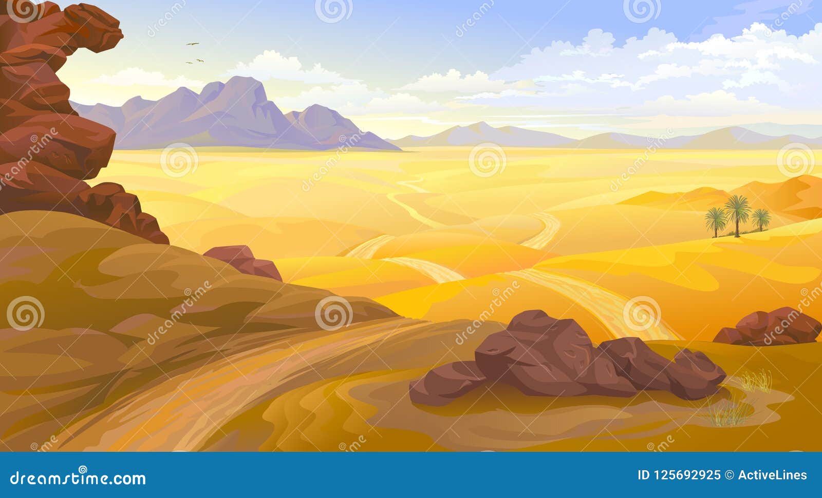 mountains and rocks on a desert landscape. a road across the empty desert.