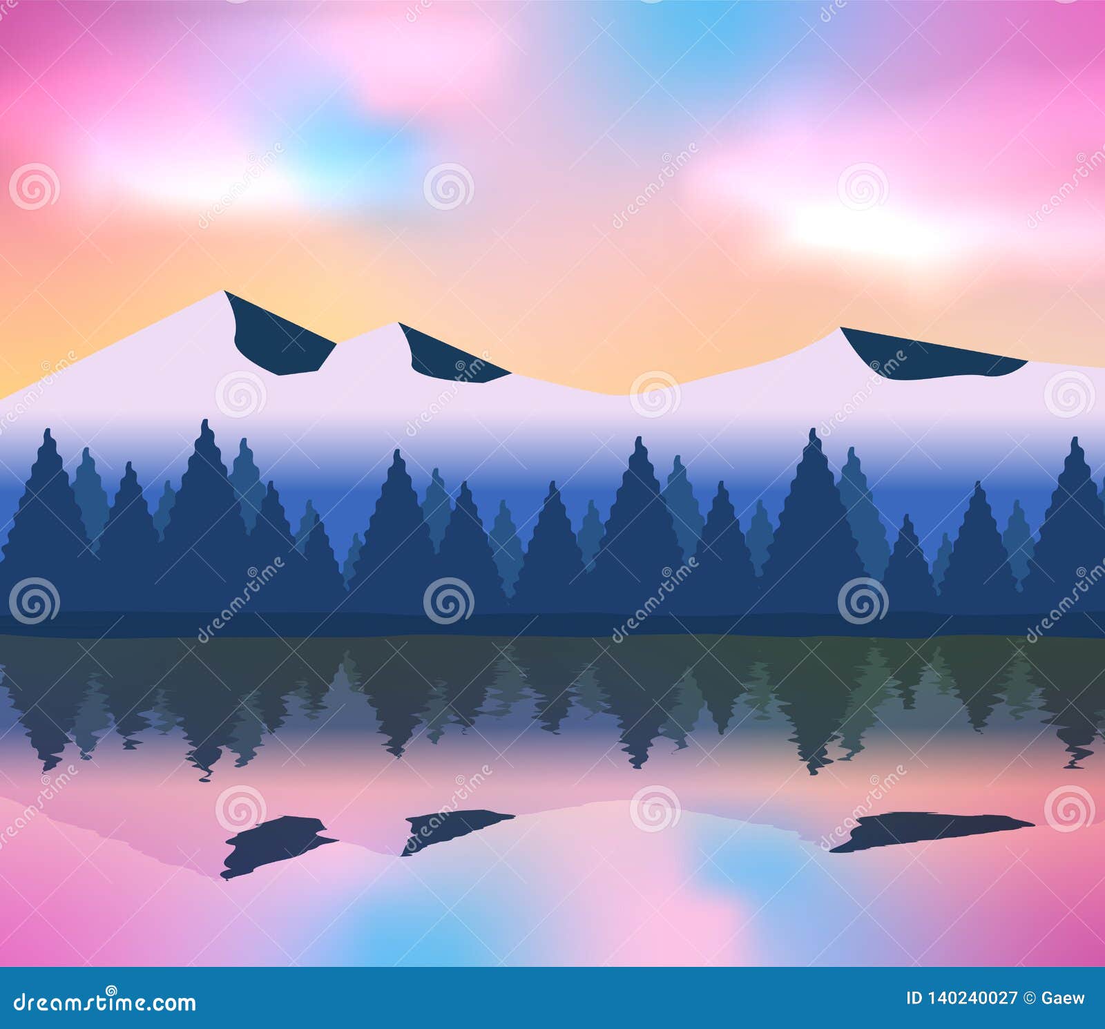 Mountains on Sky Pink and Blue Landscape with Reflection Shadows in the Lake Stock Vector