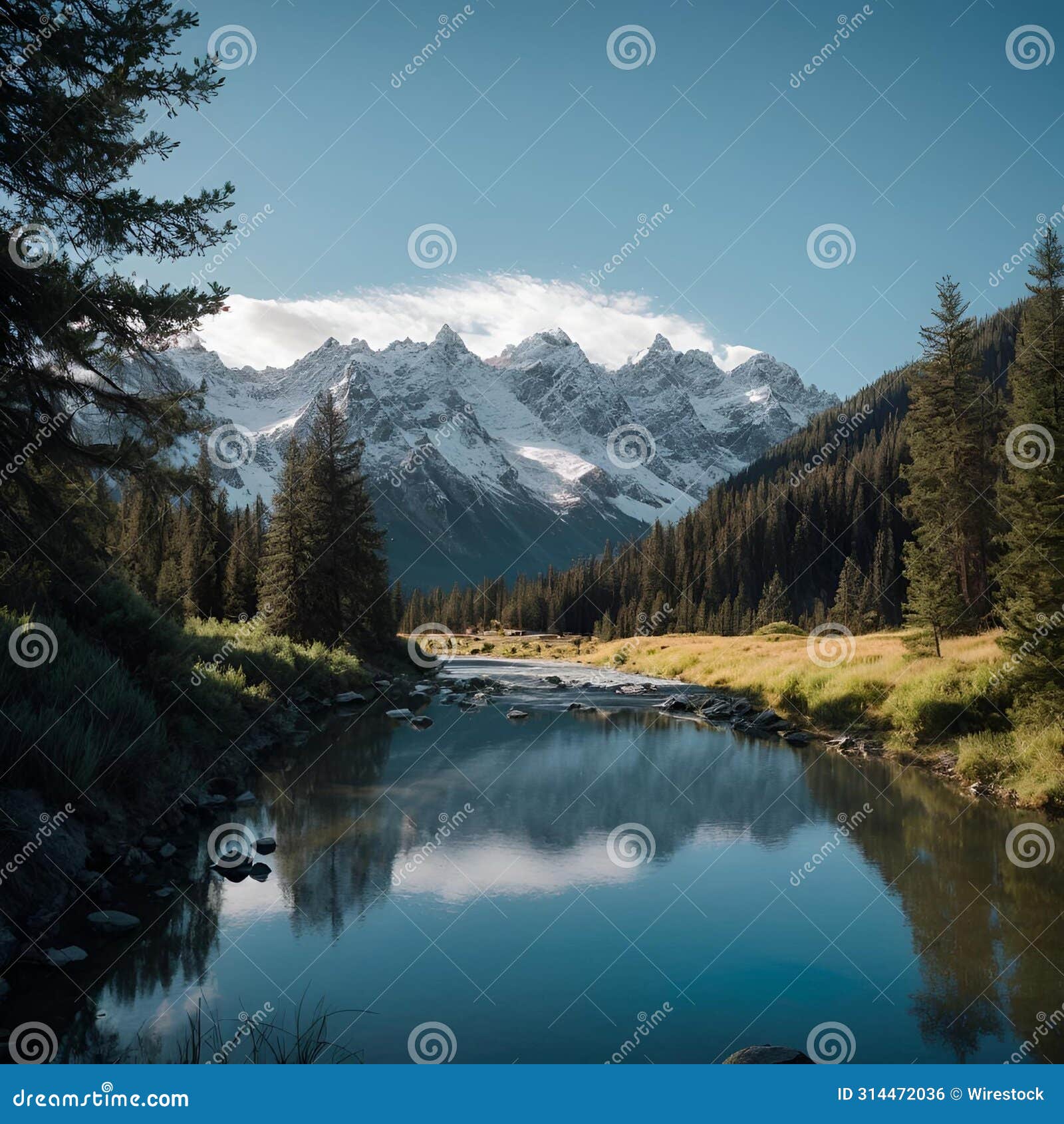 Mountains Towering Over a Stream in the Valley Below a Snow Covered ...