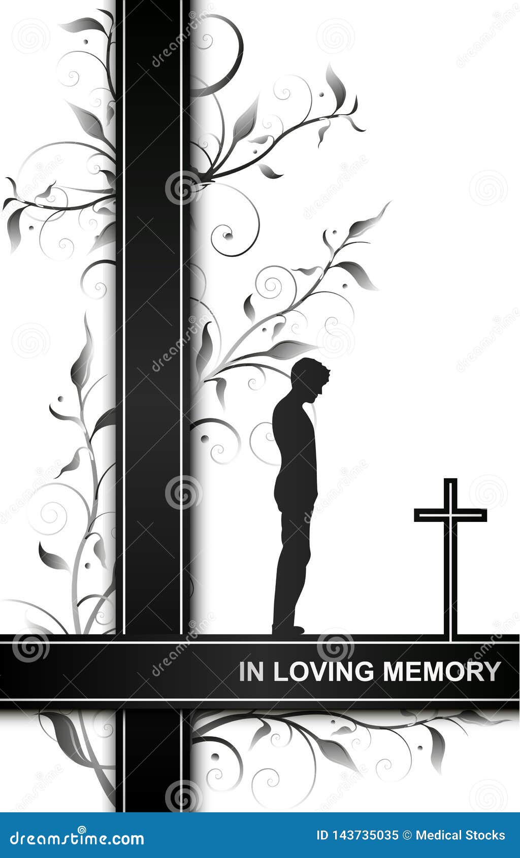 mourning card in loving memory with a man on a cross and floral s  on white background
