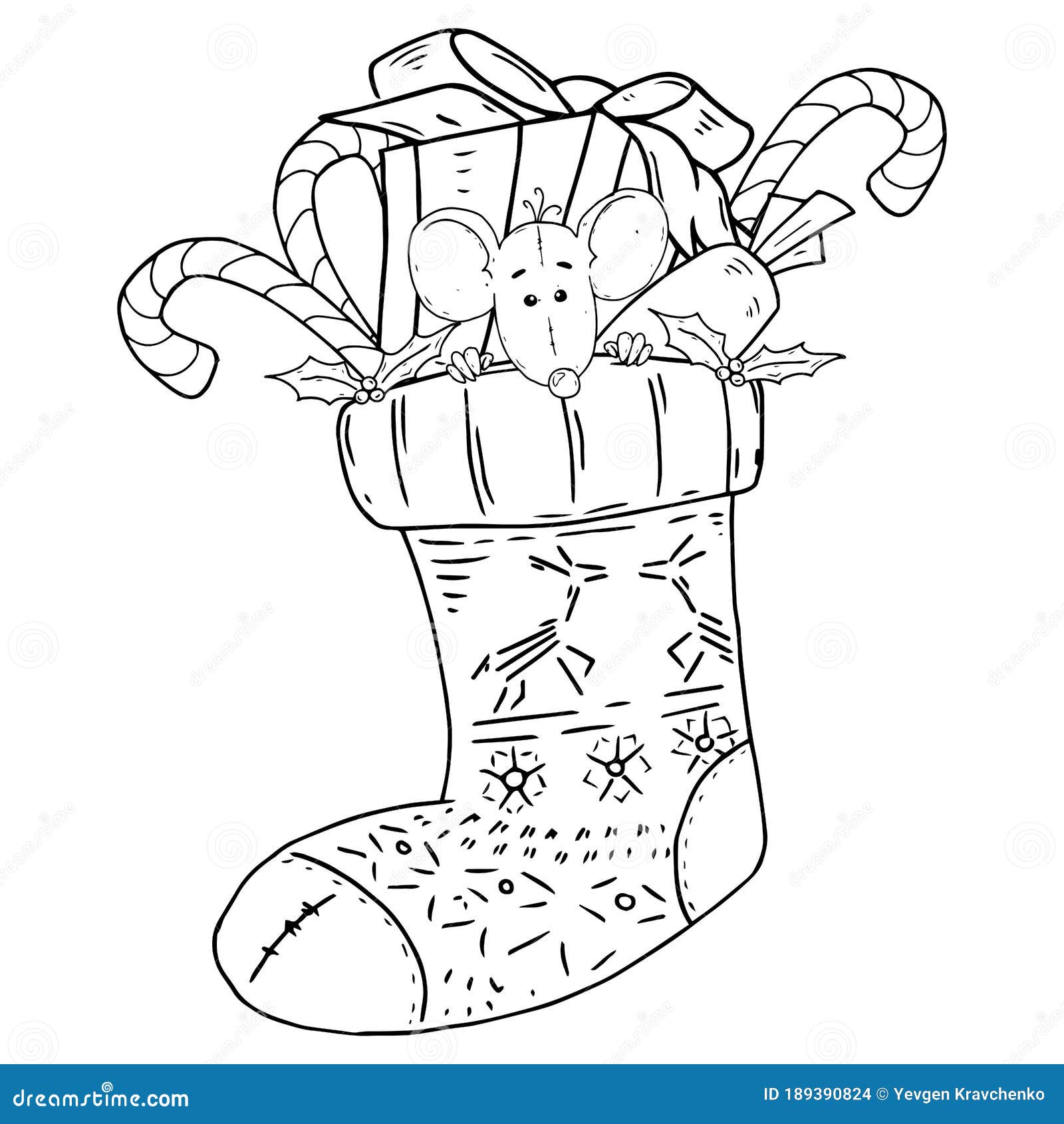 Mouse and Candy Cane in a Christmas Sock. Vector Illustration of Gifts
