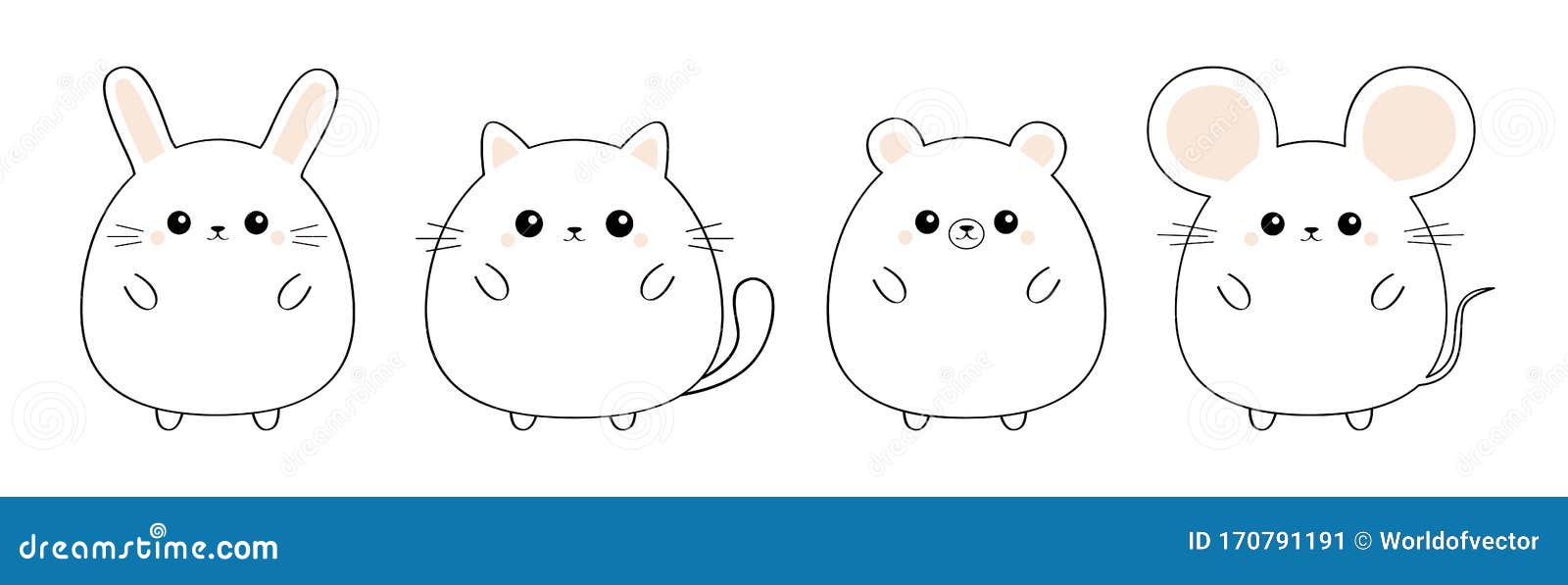 Mouse, Cat Kitten Kitty, Bear, Rabbit Hare Icon Set. Black Contour  Silhouette. Kawaii Animal. Doodle Linear Sketch Stock Vector - Illustration  of cute, background: 170791191
