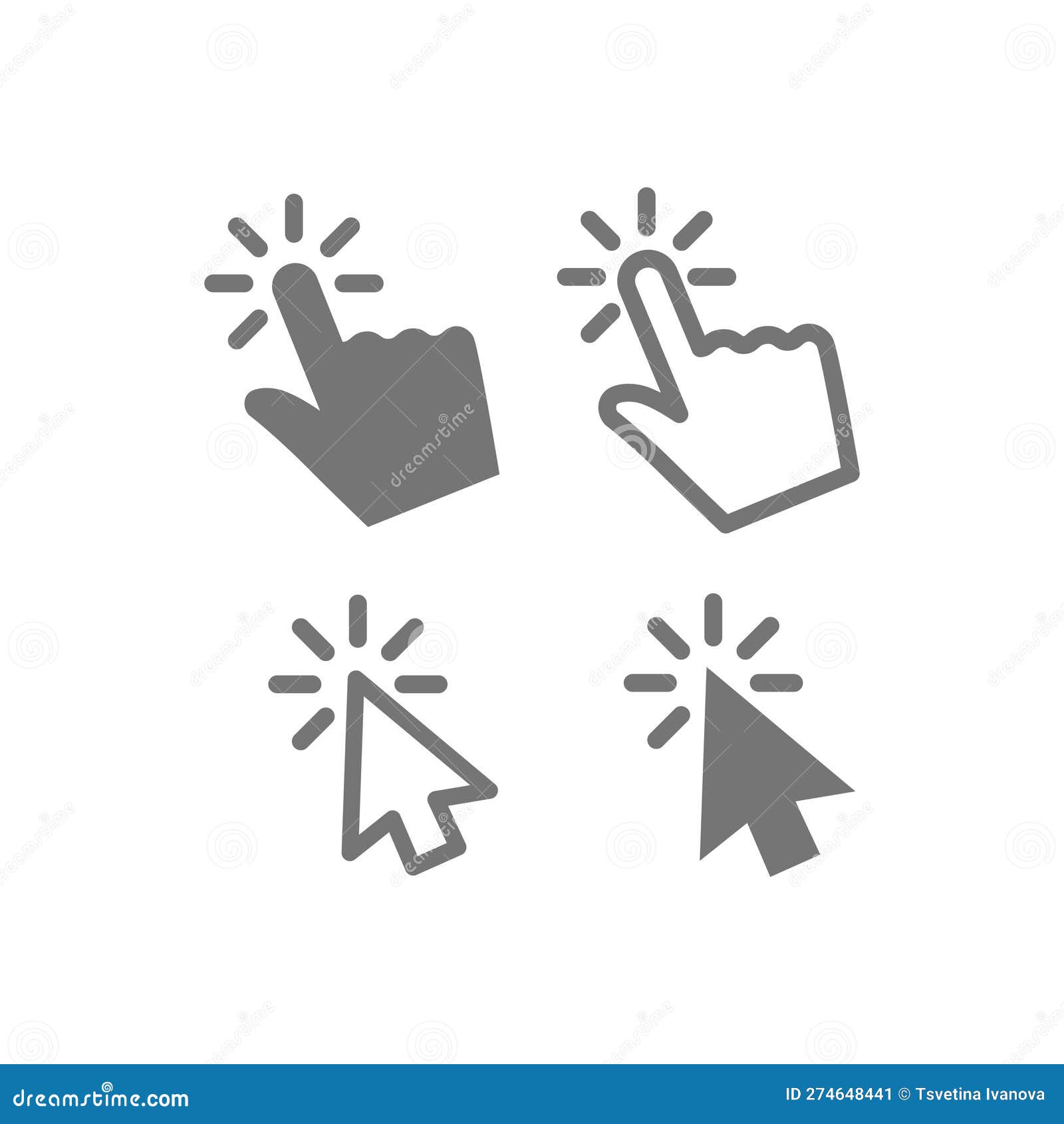 Mouse Hand and Arrow Click Line and Fill Vector Icon Set Stock Vector