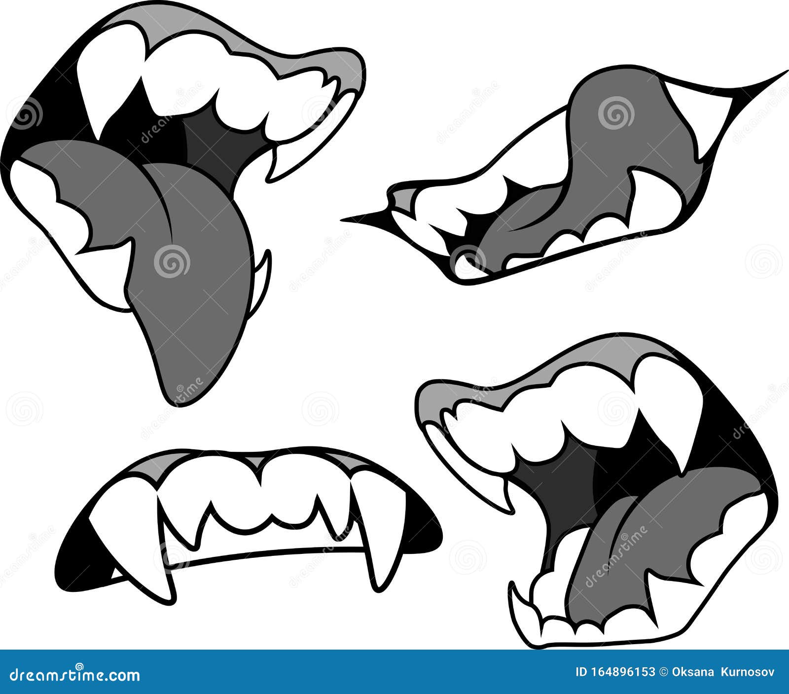 Mouth with Pointed Fangs in Several Versions. Vampire, Werewolf, Evil