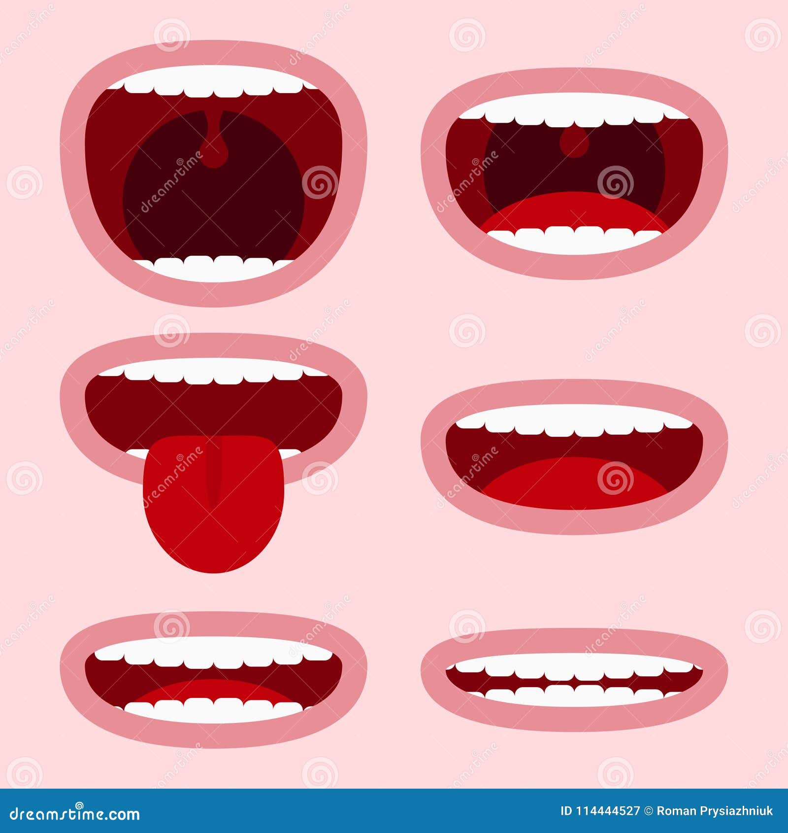 Mouths Set with Different Expressions. Cartoon Face Elements with Emotions  - Smile, Screaming, Showing Tongue and Teeth. Vector. Stock Vector -  Illustration of animation, drawing: 114444527