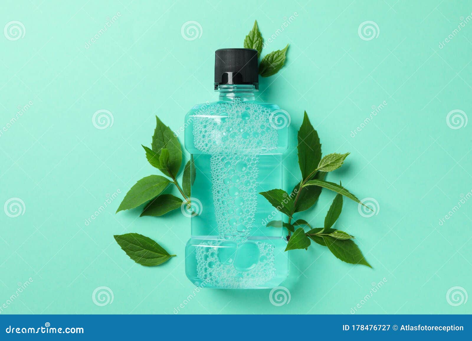 Mouthwash and Leaves on Mint Background Stock Image Image of hygiene, color 178476727