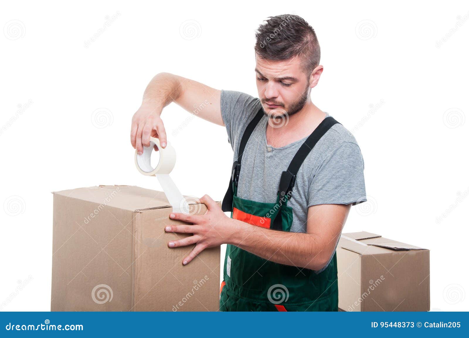 Mover Guy Using Duct Tape on Cardboard Box Stock Image Image of