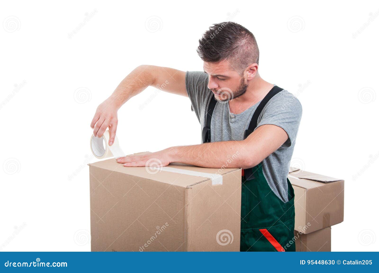 Mover Guy Using Duct Tape on Cardboard Box Stock Photo Image of