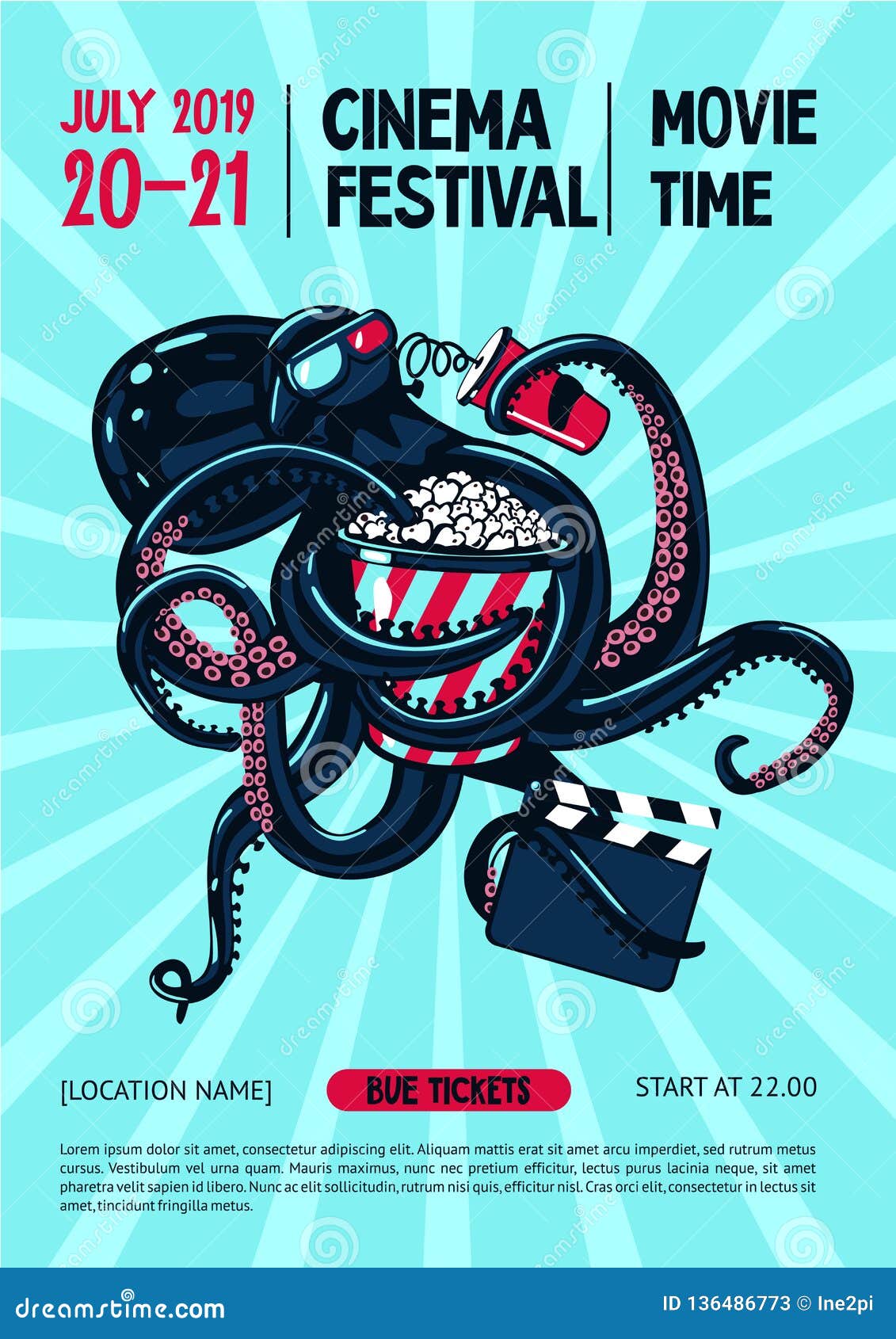 movie festival poster with octopus and cinema equipment. cinematography web banner template. cartoon  