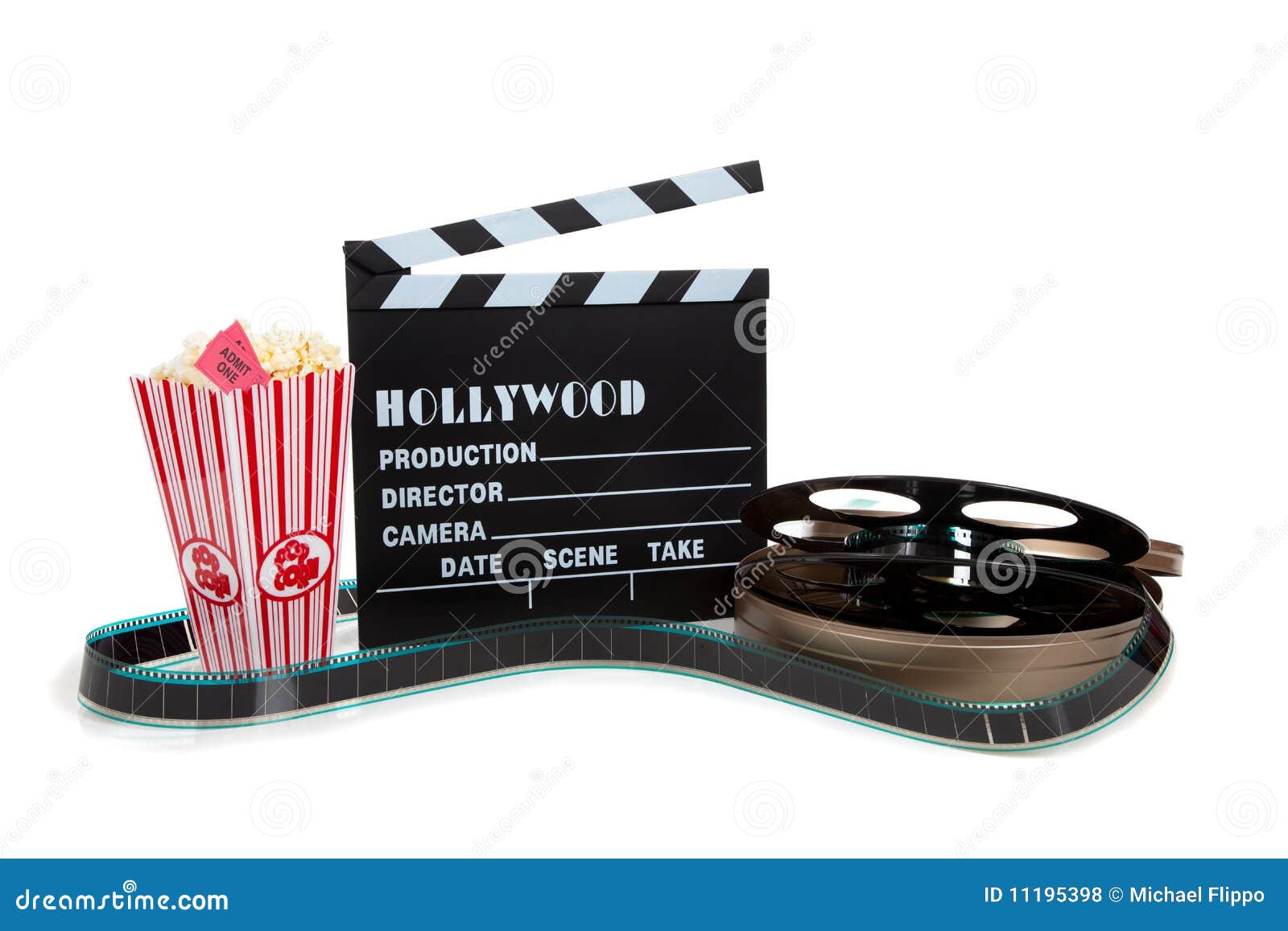 movie reel with clapboard and popcorn
