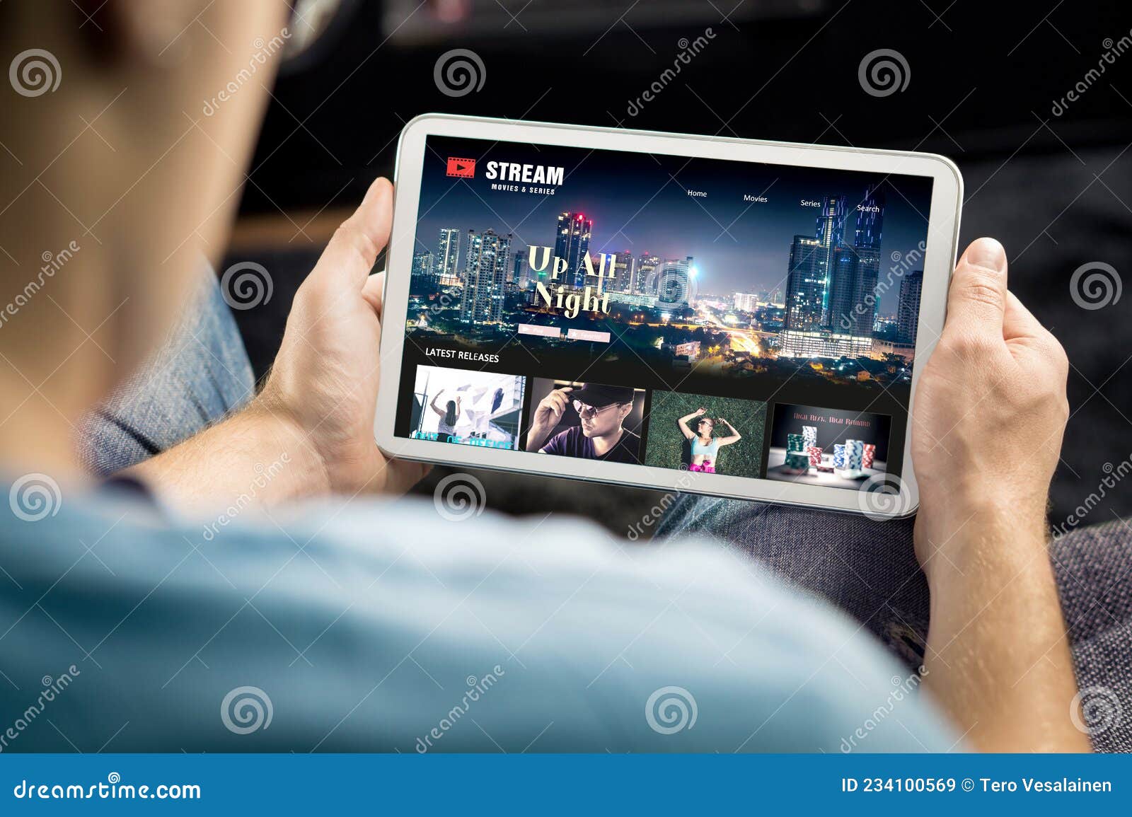 Movie and Series Stream VOD Service in Tablet. Watching on Demand Tv Show or Film Online