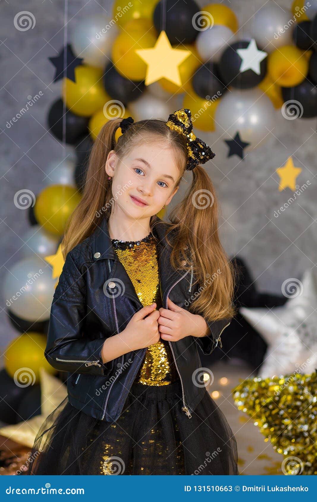 Movie Super Star Girl Model Posing In Studio Shoot With Golden Star And Colorful Baloons Wearing Stylish Gold Airy Dress With Stock Image Image Of Dolly Cover