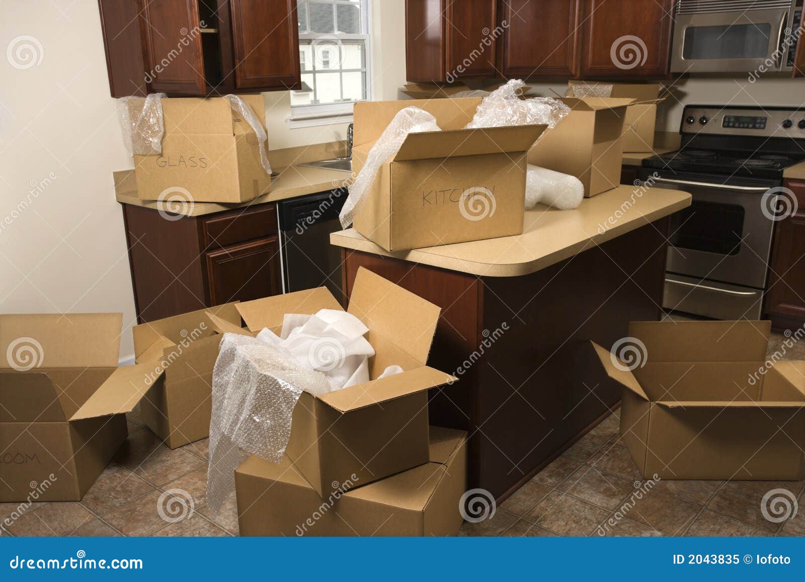 moving boxes in kitchen.