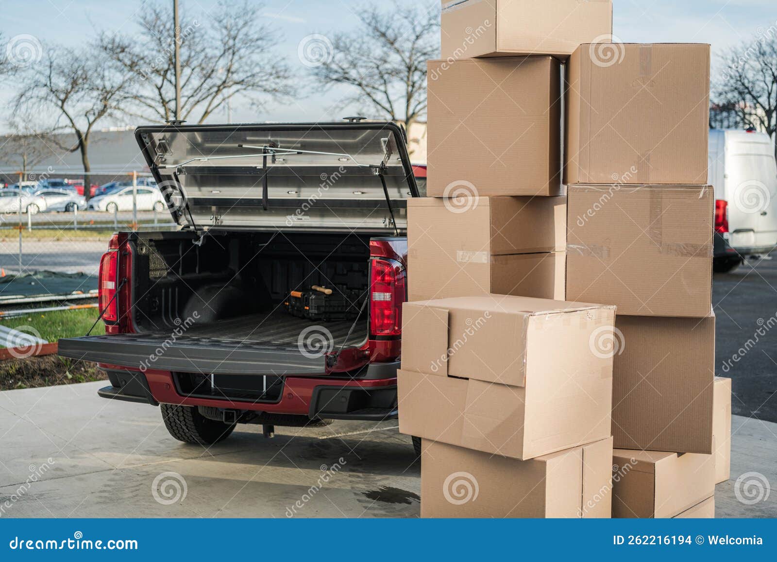 Moving Boxes Ready To Be Loaded into the Pickup Truck Stock Photo
