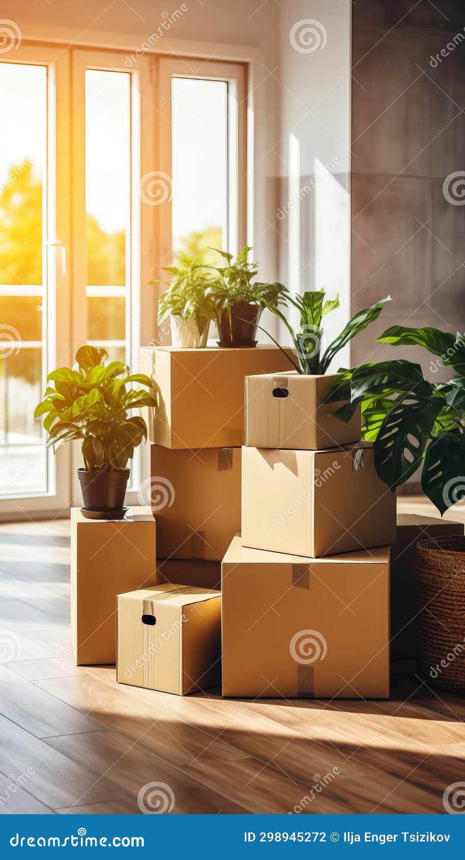Moving into a New Home Donation Concept with Stacked Cardboard Boxes