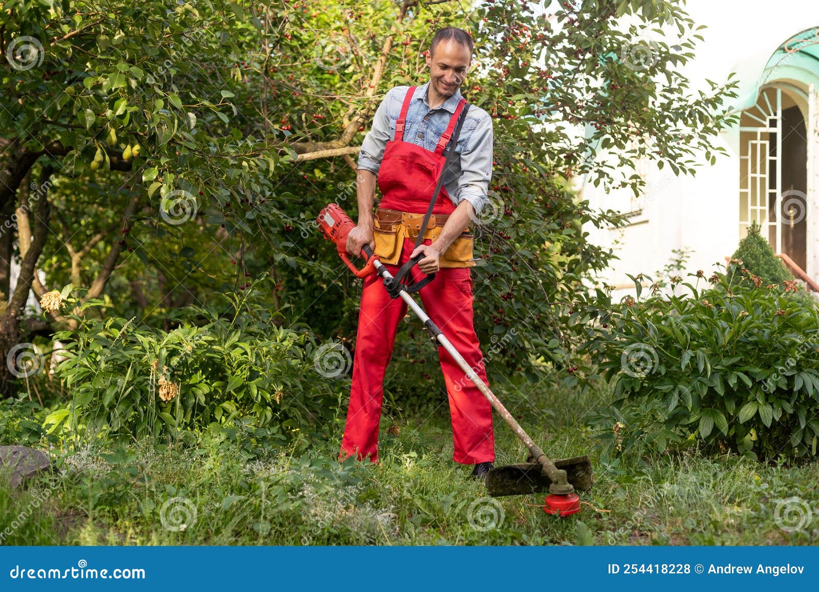 Mowing Grass with Electric Lawn Mower. Garden Work Concept. Man Mows ...