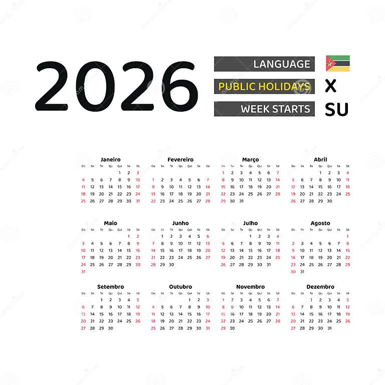 Mozambique Calendar 2026. Week Starts from Sunday. Vector Graphic