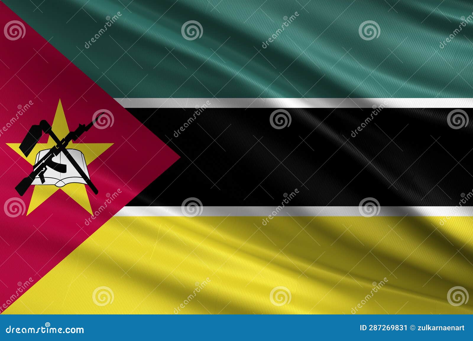 mozambique flag with fabric texture, official colors, 3d 