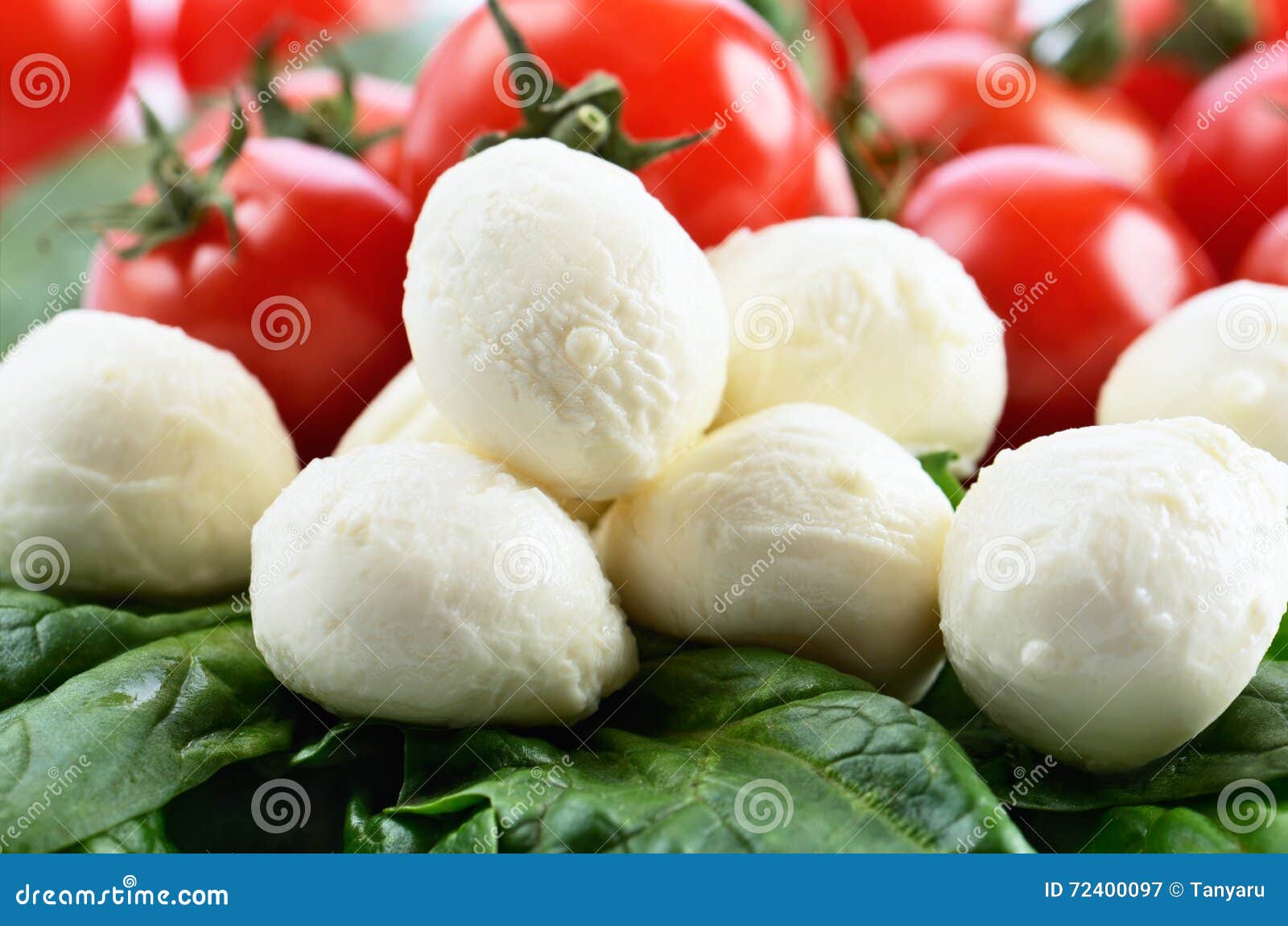 Mozzarella Cheese Balls, Ripe Cherry Tomatoes and Greens on the Stock