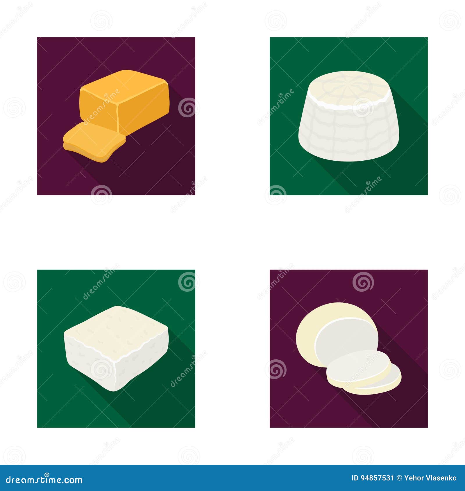 Mozzarella, feta, cheddar, ricotta.Different types of cheese set collection icons in flat style vector symbol stock illustration .