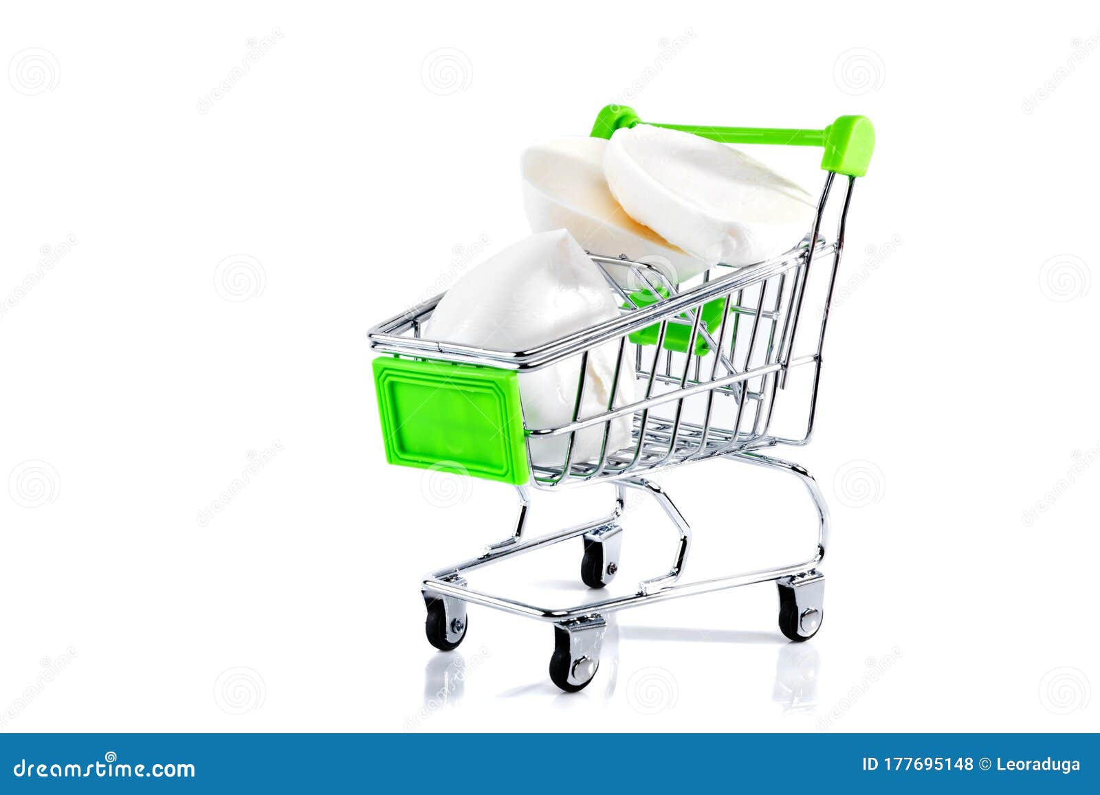 Mozzarella in metal shopping cart isolated on white. Mozzarella in metal shopping cart isolated on white background.