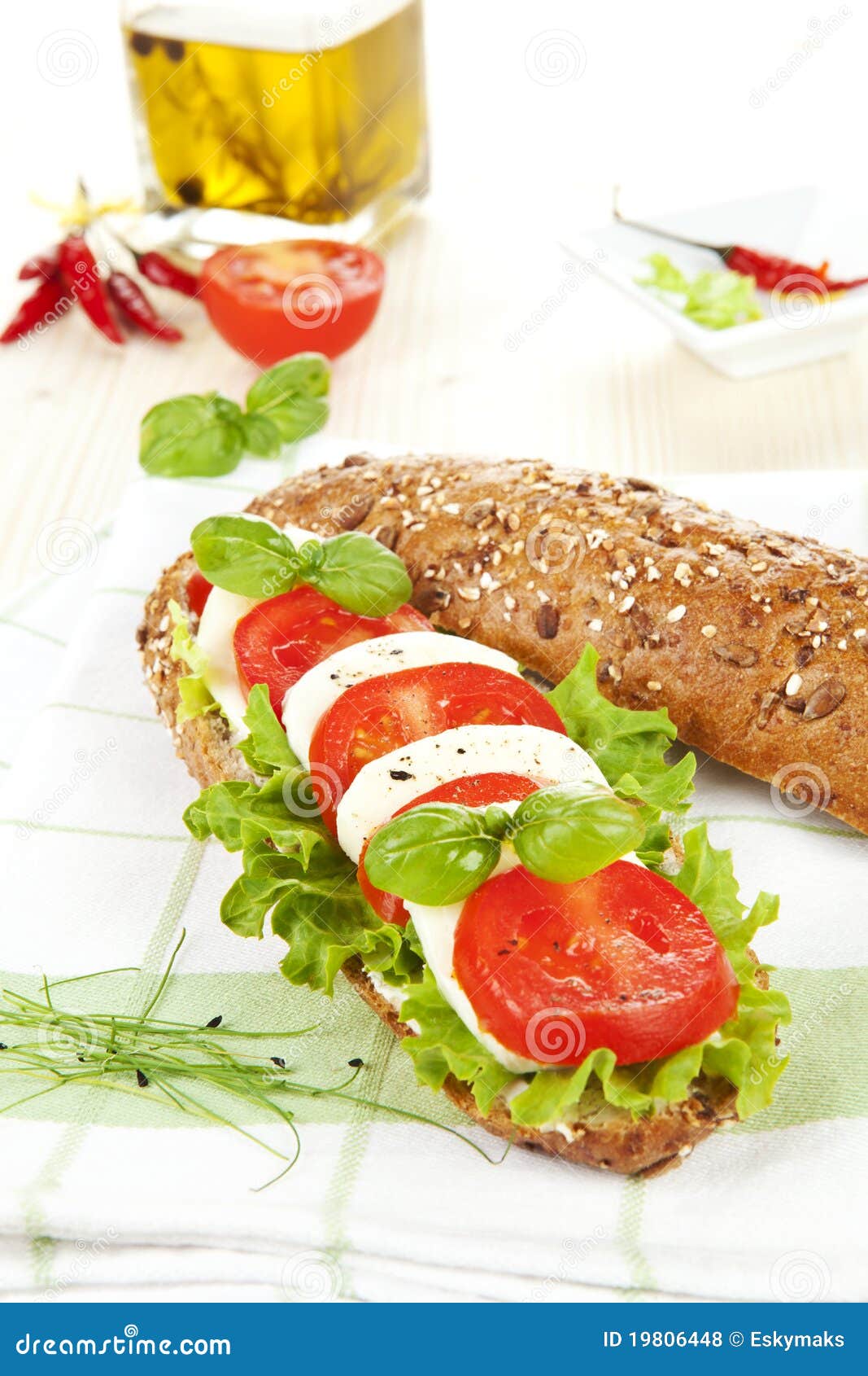 Mozzarella Tomato Baguette. Stock Photo Image of snack, baguette